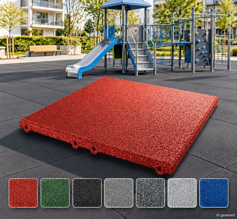 Safety surfacing tiles 50x50 cm, thicknesses from 30 to 100 mm, available in red, green, black, gray, metallic, silver, and blue